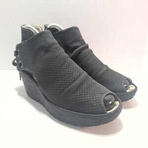 Fly London Yema Leather Peep Toe Yelp Yaz Lace Up Wedge Heels Women's 8/8.5